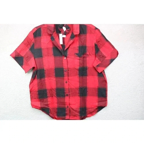 Victoria's Secret Pajama Top-Red and Black Plaid-Medium-Matching Scrunchie-New - Picture 3 of 10